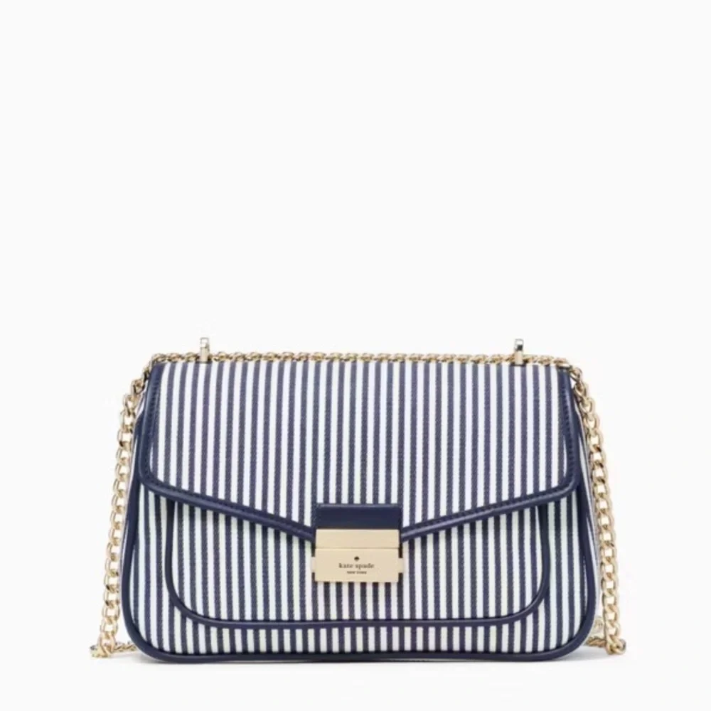 KATE SPADE Blue & White Striped Carey Medium Flap Striped Crossbody Shoulder Bag